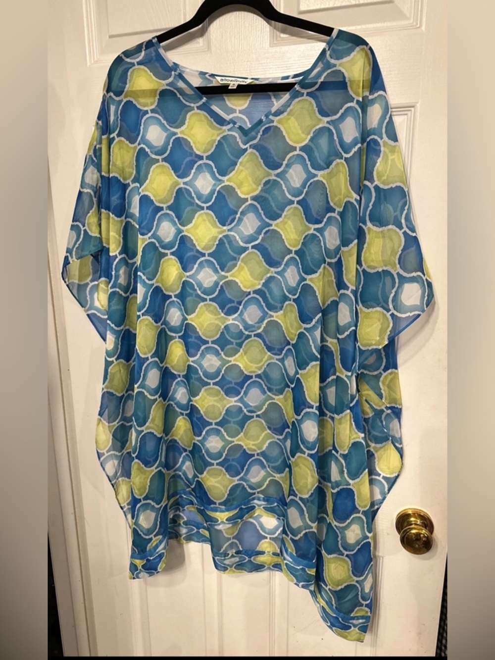 TRAVELSMITH Top Tunic Coverup Size XL Sheer Artsy V-neck Caftan Polyester